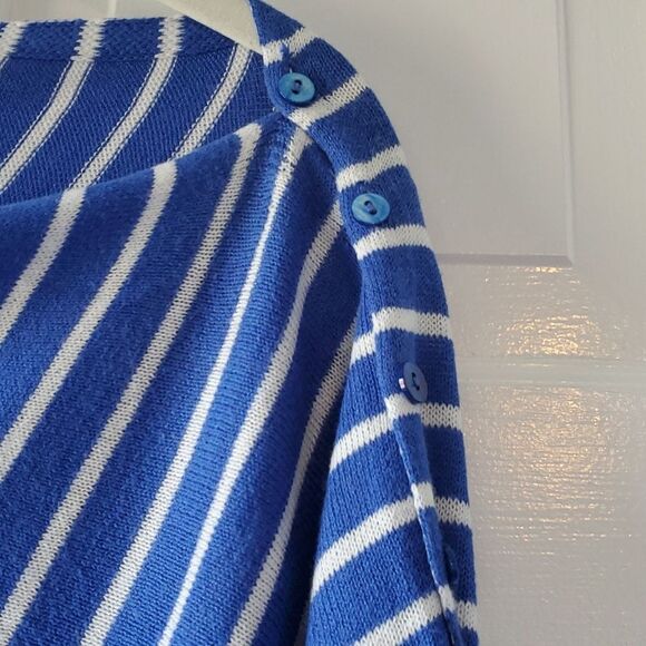 NWOT HANNAH ROSE COTTON CASHMERE ROYAL BLUE WHITE STRIPE ASSYMETRIC PONCHO SCARF - Picture 2 of 6